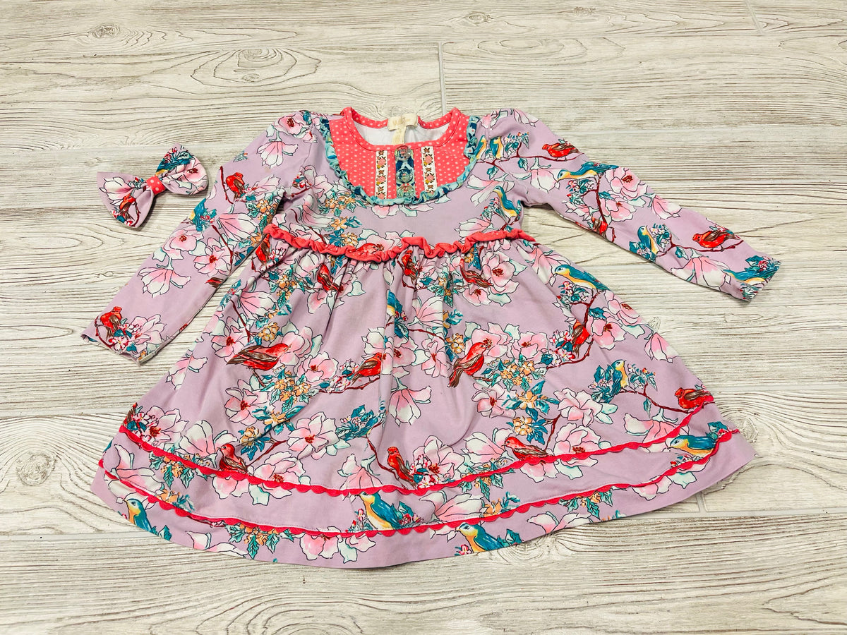 Matilda Jane Bird Print Long Sleeve Dress with Bow