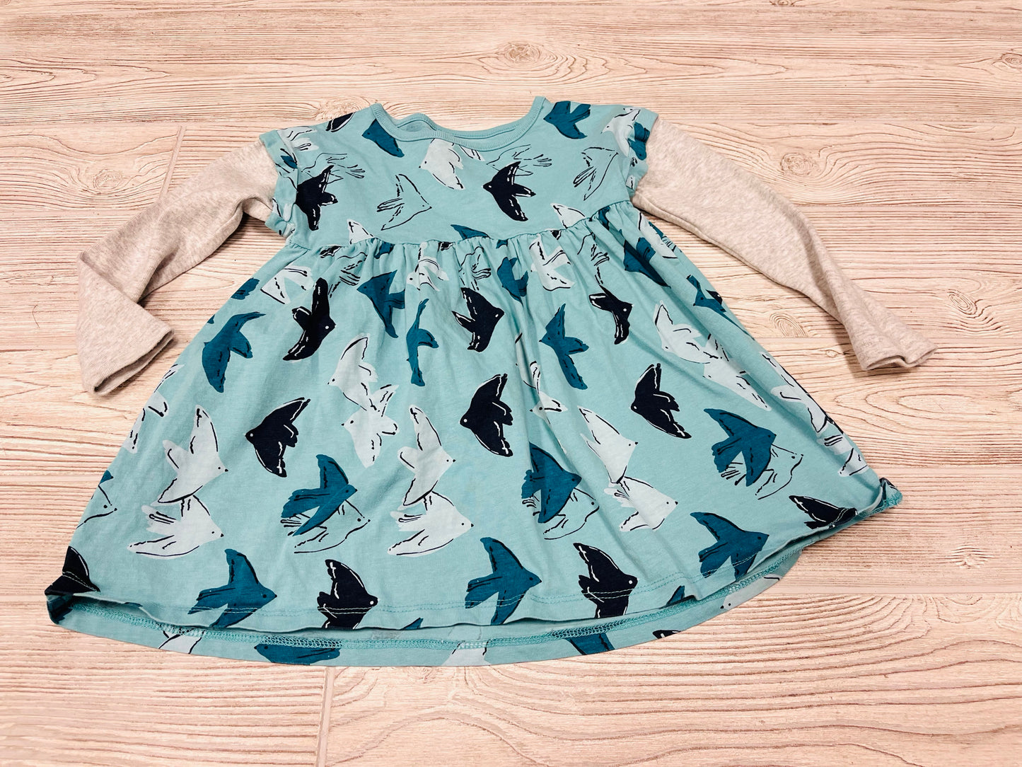 Tea Bird Print Long Sleeve Dress