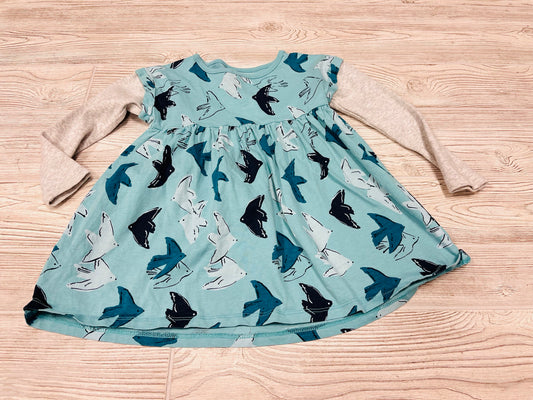 Tea Bird Print Long Sleeve Dress
