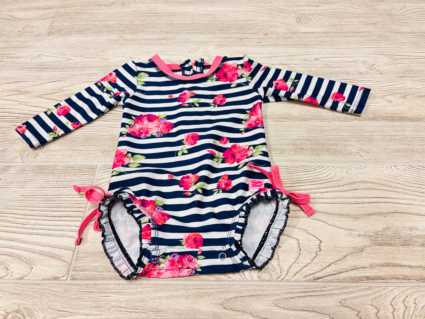 Ruffle Butts Flower Print Striped Swimsuit