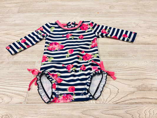 Ruffle Butts Flower Print Striped Swimsuit