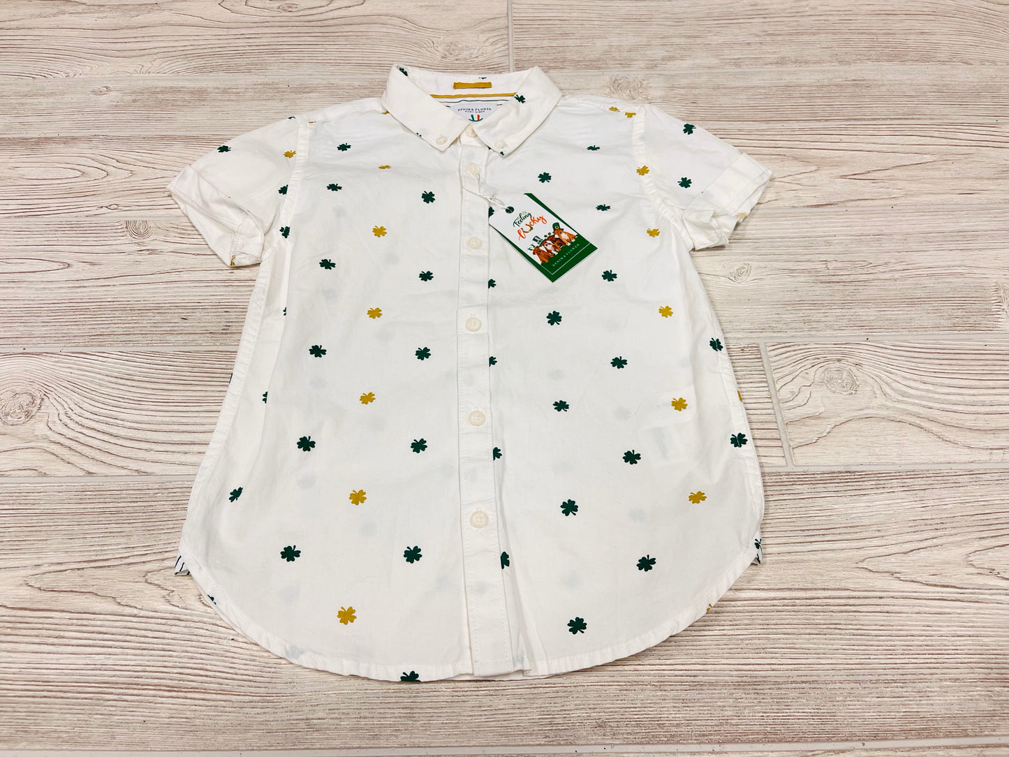 Denim & Flower Clover Print Button Down Short Sleeve Shirt